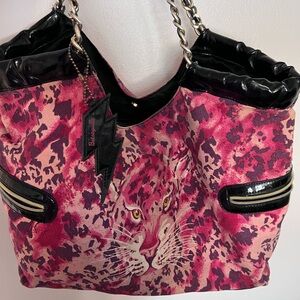 Betsey Johnson Pink and Black Shoulder Bag with Animal Print